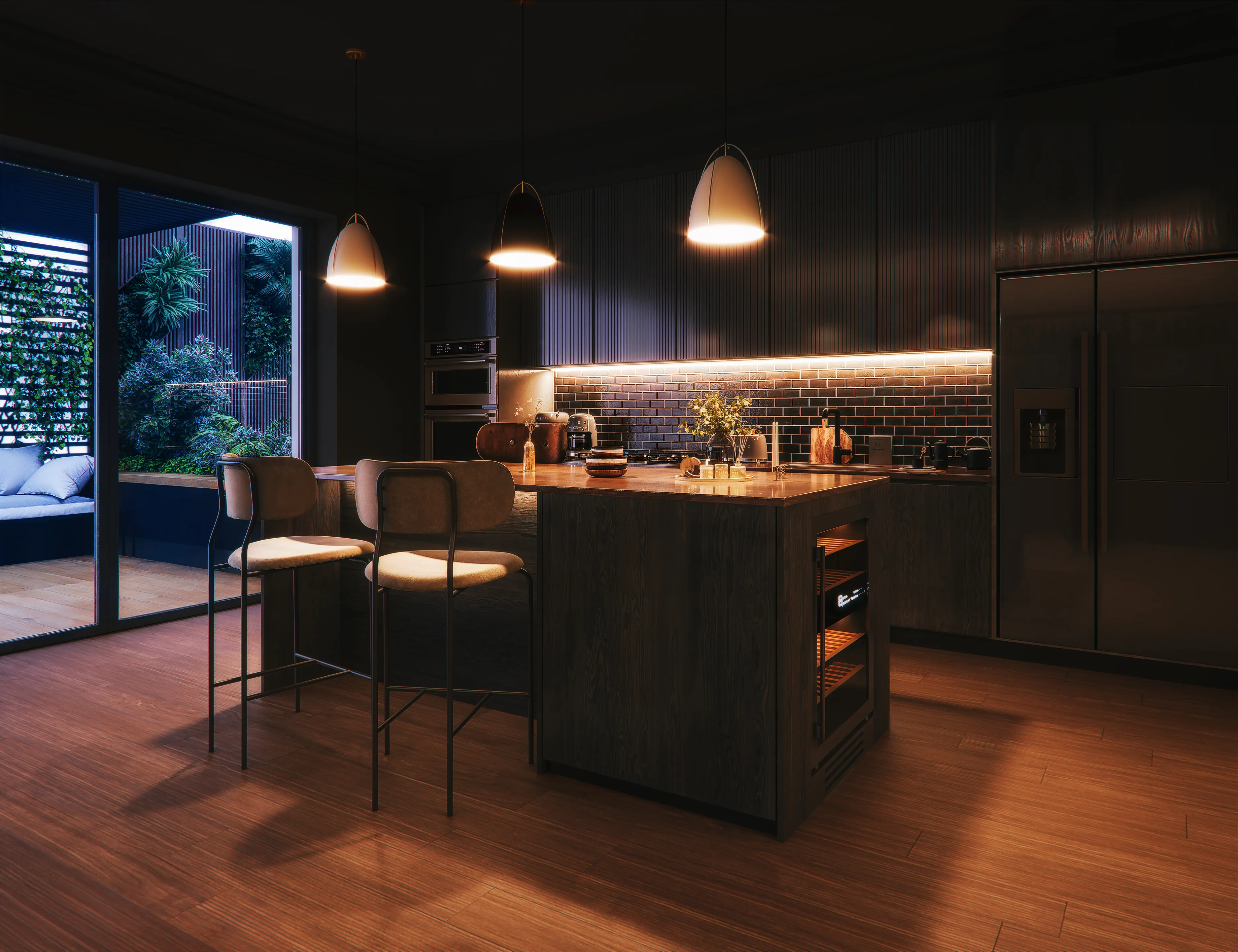 Hyper realistic bespoke kitchen CGI showing high end cabinetry, natural stone countertops, and integrated luxury appliances for real estate marketing